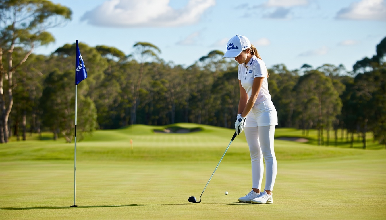 Lady golfer wearing a LadyBuckets hat on the golf course